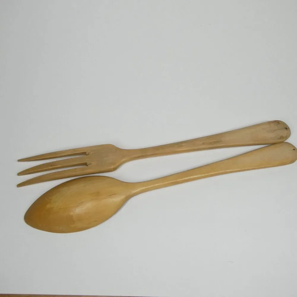 Wooden Salad Serving Set Fork & Spoon Silver Overlay Filigree Handle Vintage MCM